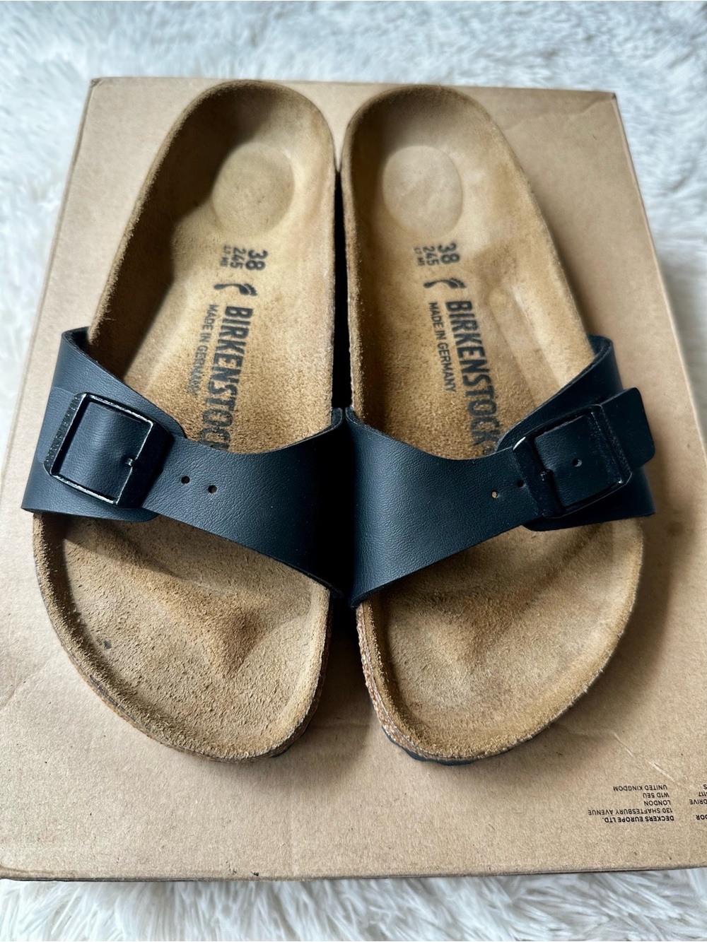 Birkenstock Madrid Black Birko-Flor Single Strap Sandals Size 38 7 Narrow Slides